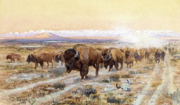 チャールズ・マリオン・ラッセル Painting - バイソン・トレイルで牛を飼育する西部アメリカ人 チャールズ・マリオン・ラッセル